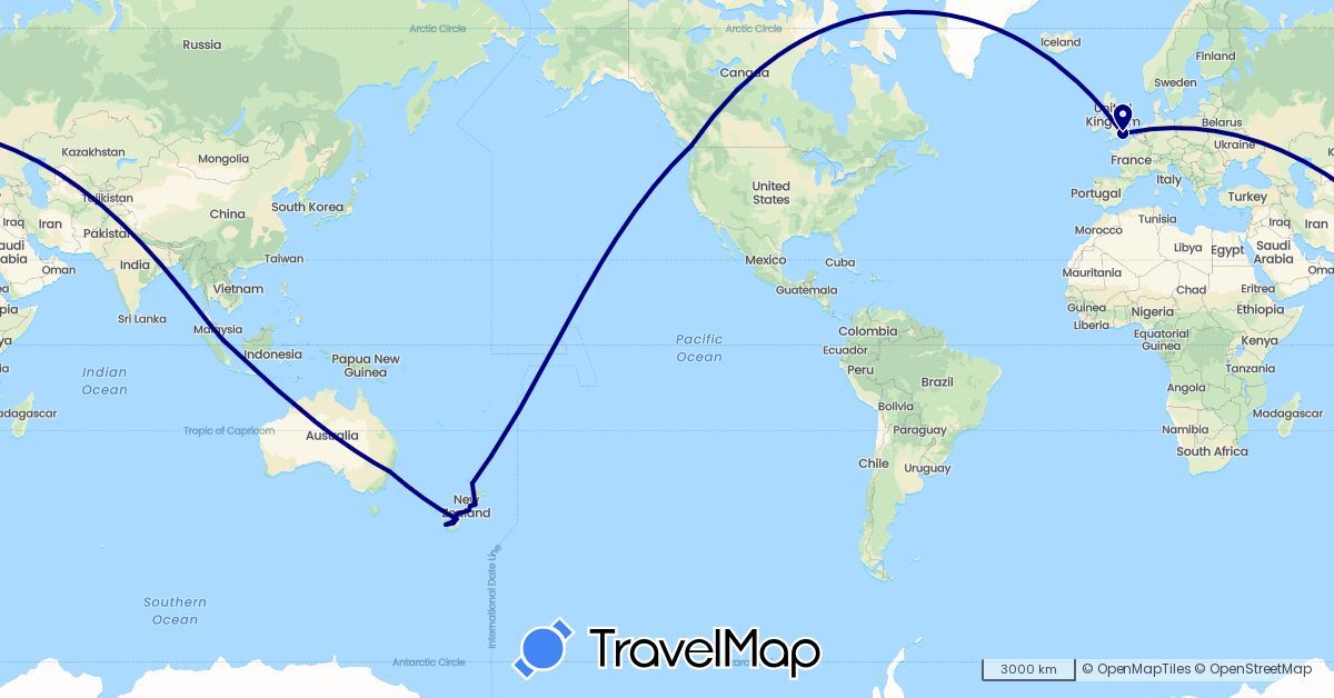 TravelMap itinerary: driving in Australia, Canada, United Kingdom, Malaysia, New Zealand, Singapore (Asia, Europe, North America, Oceania)
